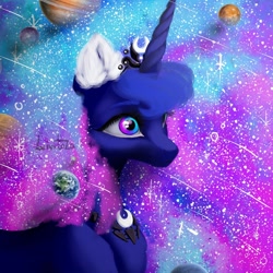 Size: 1000x1000 | Tagged: safe, artist:livitoza, princess luna, alicorn, pony, bust, ear fluff, earth, ethereal mane, female, galaxy, galaxy mane, mare, planet, shooting star, solo, starry mane, stars