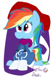 Size: 1351x1925 | Tagged: safe, artist:binkyt11, derpibooru import, rainbow dash, pegasus, pony, blue, clothes, crossover, cute, hoodie, limbless, pun, rayman