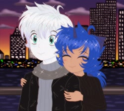 Size: 4457x4000 | Tagged: safe, artist:darkest-lunar-flower, princess luna, oc, oc:lux(pearle), human, 80s, 80s anime, 80s hair, canon x oc, city, horn, horned humanization, humanized