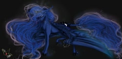 Size: 1000x486 | Tagged: safe, artist:martazap3, princess luna, alicorn, pony, ear fluff, female, leonine tail, mare, smiling, solo, spread wings, unshorn fetlocks, wings