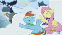 Size: 1920x1080 | Tagged: safe, derpibooru import, screencap, fluttershy, rainbow dash, pegasus, pony, a hearth's warming tail, canon flutterdash, cloud, discovery family logo, duo, eyes closed, female, implied flutterdash, implied lesbian, implied shipping, mare, smiling