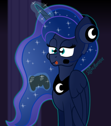 Size: 1400x1581 | Tagged: safe, artist:puperhamster, princess luna, alicorn, pony, :p, dualshock controller, ethereal mane, female, gamer luna, glowing horn, headphones, horn, magic, mare, starry mane, telekinesis, tongue out