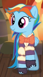 Size: 227x412 | Tagged: safe, derpibooru import, screencap, rainbow dash, pegasus, pony, a hearth's warming tail, bowtie, clothes, cute, dashabetes, ivory shirt, rainbow dash always dresses in style, rainbow dash is best pony, shirt, snowdash, waistcoat