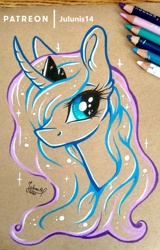 Size: 1600x2507 | Tagged: safe, artist:julunis14, princess luna, alicorn, pony, bust, colored pencil drawing, curved horn, ear fluff, horn, outlines, portrait, traditional art