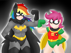 Size: 2547x1899 | Tagged: safe, artist:blackbewhite2k7, rainbow dash, scootaloo, human, batman, batman and robin, batmare, crossover, dc comics, flexing, humanized, light skin, parody, robin