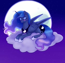 Size: 1280x1246 | Tagged: safe, artist:iobunny, princess luna, alicorn, pony, blushing, cloud, cute, eyes closed, female, full moon, lunabetes, mare, moon, night, on a cloud, prone, sky, smiling, solo