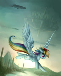 Size: 900x1125 | Tagged: safe, artist:asimos, rainbow dash, pegasus, pony, airship, city, dieselpunk, flying, solo