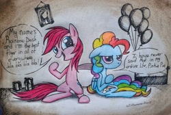 Size: 1101x738 | Tagged: safe, artist:xxpinkamena-piexx, derpibooru import, pinkie pie, rainbow dash, earth pony, pegasus, pony, balloon, dynamic dash, hairstyle swap, mane swap, traditional art, unamused