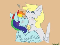 Size: 1600x1200 | Tagged: safe, artist:lxxjunebugxxl, derpibooru import, derpy hooves, rainbow dash, pegasus, pony, blushing, derpydash, eyes closed, female, heart, kissing, lesbian, mare, shipping