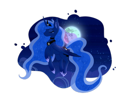 Size: 3325x2527 | Tagged: safe, artist:maybeiie, princess luna, alicorn, pony, digital art, eyes closed, female, flying, full moon, mare, mare in the moon, moon, night, simple background, sky, solo, transparent background
