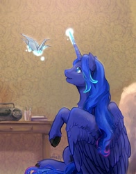 Size: 1280x1630 | Tagged: safe, artist:lusille, princess luna, alicorn, pony, book, chest fluff, cute, fanfic art, female, lunabetes, magic, mare, origami, profile, radio, sitting, solo, table, telekinesis, unshorn fetlocks