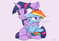 Size: 900x631 | Tagged: dead source, safe, artist:mistydash, derpibooru import, rainbow dash, twilight sparkle, unicorn twilight, pegasus, pony, unicorn, chest fluff, cute, dialogue, ear fluff, female, filly rainbow dash, floppy ears, frog (hoof), hug, mare, open mouth, shoulder fluff, size difference, smol, smoldash, unamused, underhoof