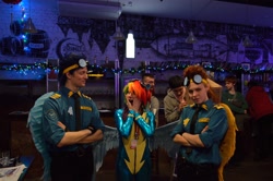 Size: 3008x2000 | Tagged: safe, artist:dixidana, artist:erinliona, rainbow dash, soarin', spitfire, human, 2014, cosplay, irl, irl human, photo, rubronycon, wonderbolts uniform