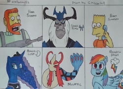 Size: 1173x849 | Tagged: safe, artist:rapidsnap, princess luna, rainbow dash, storm king, alicorn, human, pegasus, pony, my little pony: the movie, bart simpson, crossover, ethereal mane, female, hank scorpio, mare, milotic, open mouth, peytral, pokémon, six fanarts, smiling, starry mane, the simpsons, traditional art