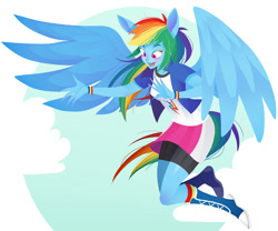 Size: 1082x900 | Tagged: safe, artist:qpqp, rainbow dash, equestria girls, eared humanization, flying, humanized, pixiv, ponied up, pony coloring, solo, tailed humanization, winged humanization