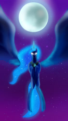 Size: 1080x1920 | Tagged: safe, artist:flaxen's art corner, princess luna, alicorn, pony, flying, moon, night, white eyes, wings