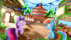 Size: 2560x1440 | Tagged: safe, artist:fuzzyfox11, rainbow dash, twilight sparkle, pegasus, pony, duo, festival