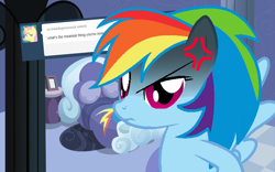 Size: 1280x800 | Tagged: safe, rainbow dash, pegasus, pony, asknicerainbowdash, blue coat, female, mare, multicolored mane, solo, tumblr