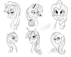 Size: 4593x3643 | Tagged: safe, artist:tsand106, derpibooru import, applejack, fluttershy, pinkie pie, rainbow dash, rarity, twilight sparkle, twilight sparkle (alicorn), alicorn, earth pony, pegasus, pony, unicorn, absurd resolution, female, lineart, mane six, mare, monochrome, simple background, tongue out, white background