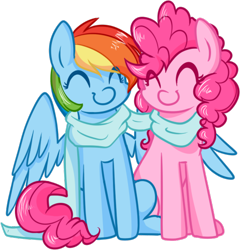 Size: 463x482 | Tagged: safe, artist:rowangoat, derpibooru import, pinkie pie, rainbow dash, earth pony, pegasus, pony, clothes, female, hug, lesbian, mare, pinkiedash, scarf, shared clothing, shared scarf, shipping, simple background, transparent background, winghug