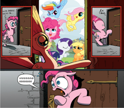 Size: 946x822 | Tagged: safe, derpibooru import, applejack, fluttershy, pinkie pie, rainbow dash, rarity, earth pony, pegasus, pony, unicorn, cute, exploitable meme, filly, heart attack, hnnng, meme, surprise door