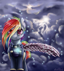 Size: 2000x2200 | Tagged: safe, artist:alina-sherl, derpibooru import, rainbow dash, pegasus, pony, alternate timeline, apocalypse dash, crystal war timeline, lightning, scar, solo, stormcloud