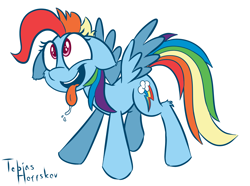 Size: 2900x2160 | Tagged: safe, artist:fakskis, derpibooru import, rainbow dash, pegasus, pony, newbie dash, behaving like pinkie pie, cute, drool, dynamic dash, ear fluff, excited, floppy ears, solo, tongue out, wings