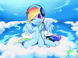 Size: 1024x768 | Tagged: safe, artist:tieba, rainbow dash, pegasus, pony, :p, belly button, cloud, cloudy, cute, dashabetes, headphones, on a cloud, one eye closed, pixiv, silly, sitting, smiling, solo, spread wings, tongue out, wink