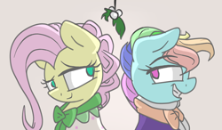 Size: 1024x600 | Tagged: safe, artist:fuckingflutterdash, derpibooru import, flutterholly, fluttershy, rainbow dash, pegasus, pony, a hearth's warming tail, bust, clothes, duo, female, flutterdash, hearth's warming eve, lesbian, mare, mistletoe, no pupils, shipping, simple background, snowdash