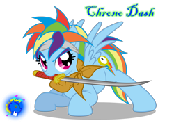 Size: 2414x1706 | Tagged: safe, artist:inkwell, derpibooru import, rainbow dash, pegasus, pony, chrono trigger, crono, crossover, katana, mouth hold, simple background, solo, sword, transparent background, weapon