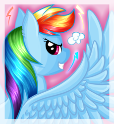 Size: 800x871 | Tagged: safe, artist:nuumia, derpibooru import, rainbow dash, pegasus, pony, grin, looking back, solo, spread wings