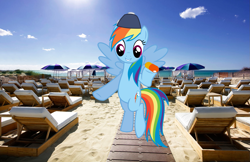 Size: 1697x1100 | Tagged: safe, derpibooru import, rainbow dash, backwards ballcap, hat, ibiza, irl, joke, photo, ponies in real life, vector