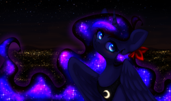 Size: 2900x1712 | Tagged: safe, artist:avrameow, princess luna, alicorn, pony, bow, bust, chest fluff, city, cute, ethereal mane, female, hair bow, lunabetes, mare, night, sky, solo, starry mane, starry night, stars