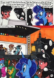 Size: 2081x2976 | Tagged: safe, artist:newyorkx3, princess luna, oc, oc:tommy, oc:tommy junior, alicorn, earth pony, pony, comic:young days, comic, concert, drums, guitar, microphone, musical instrument, stage