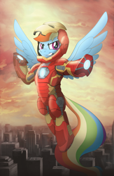 Size: 1000x1533 | Tagged: safe, artist:drawponies, derpibooru import, rainbow dash, pegasus, pony, armor, city, crossover, flying, iron man, marvel, solo