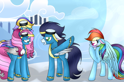 Size: 1024x683 | Tagged: safe, artist:northlights8, derpibooru import, rainbow dash, soarin', oc, pegasus, pony, goggles, soarindash, wonderbolts