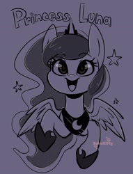 Size: 1561x2048 | Tagged: safe, artist:sakukitty, princess luna, alicorn, pony, bust, cute, female, lunabetes, mare, monochrome, open mouth, solo, starry eyes, stars, wingding eyes