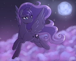 Size: 2995x2411 | Tagged: safe, artist:fluffymaiden, princess luna, alicorn, pony, cloud, cute, ear fluff, female, flying, full moon, high res, lunabetes, mare, moon, night, sky, solo, spread wings, starry night, stars, wings