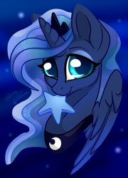 Size: 2550x3537 | Tagged: safe, artist:gleamydreams, princess luna, alicorn, pony, bust, female, jewelry, looking at you, mare, mouth hold, necklace, peytral, portrait, smiling, solo, three quarter view, tiara, wings