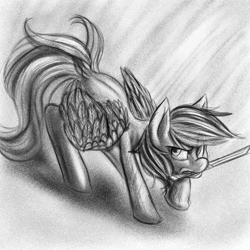 Size: 2800x2800 | Tagged: safe, artist:fauxsquared, rainbow dash, pegasus, pony, knife, monochrome, mouth hold, solo