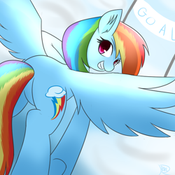 Size: 600x600 | Tagged: safe, artist:ranban, rainbow dash, pegasus, pony, finish line, looking at you, looking back, pixiv, plot, solo