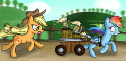 Size: 800x387 | Tagged: safe, artist:jrenon, derpibooru import, applejack, rainbow dash, earth pony, pegasus, pony, cart, chase, cider