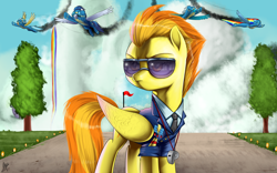 Size: 2560x1600 | Tagged: safe, artist:supermare, derpibooru import, fleetfoot, misty fly, rainbow dash, soarin', spitfire, pegasus, pony, newbie dash, wonderbolts academy, clothes, sunglasses, wonderbolts, wonderbolts uniform