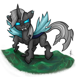 Size: 1000x996 | Tagged: safe, artist:php13, rainbow dash, changeling, askchrysalis, changelingified, dashling, fangs, female, solo