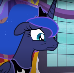 Size: 694x682 | Tagged: safe, screencap, princess luna, alicorn, pony, a royal problem, ashamed, bags under eyes, chestplate, cropped, crown, cyan eyes, ethereal mane, female, floppy ears, folded wings, frown, guilty, jewelry, mare, regalia, sad, solo, starry mane