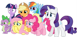 Size: 8124x3900 | Tagged: safe, artist:the-crusius, derpibooru import, applejack, fluttershy, pinkie pie, rainbow dash, rarity, spike, twilight sparkle, dragon, earth pony, pegasus, pony, unicorn, floppy ears, grin, mane seven, mane six, simple background, transparent background, varying degrees of want, vector
