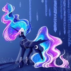 Size: 1000x1000 | Tagged: safe, artist:livitoza, princess luna, alicorn, pony, blue eyes, chest fluff, female, flowing mane, horn, jewelry, leaves, multicolored hair, necklace, night, solo, sparkles, traditional art, wings