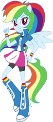 Size: 3000x6850 | Tagged: safe, artist:aqua-pony, derpibooru import, rainbow dash, equestria girls, absurd resolution, boots, clothes, compression shorts, inkscape, looking at you, ponied up, rainbow socks, raised leg, shorts, simple background, skirt, smiling, socks, solo, striped socks, transparent background, vector, wristband