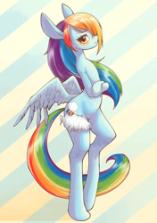 Size: 2039x2894 | Tagged: safe, artist:unousaya, derpibooru import, rainbow dash, pegasus, pony, semi-anthro, belly button, bipedal, butt wings, crossed arms, garter, solo