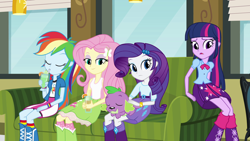 Size: 1920x1080 | Tagged: safe, screencap, fluttershy, rainbow dash, rarity, spike, twilight sparkle, dog, equestria girls, boots, bracelet, clothes, high heel boots, jewelry, lidded eyes, milkshake, skirt, soda, spike the dog